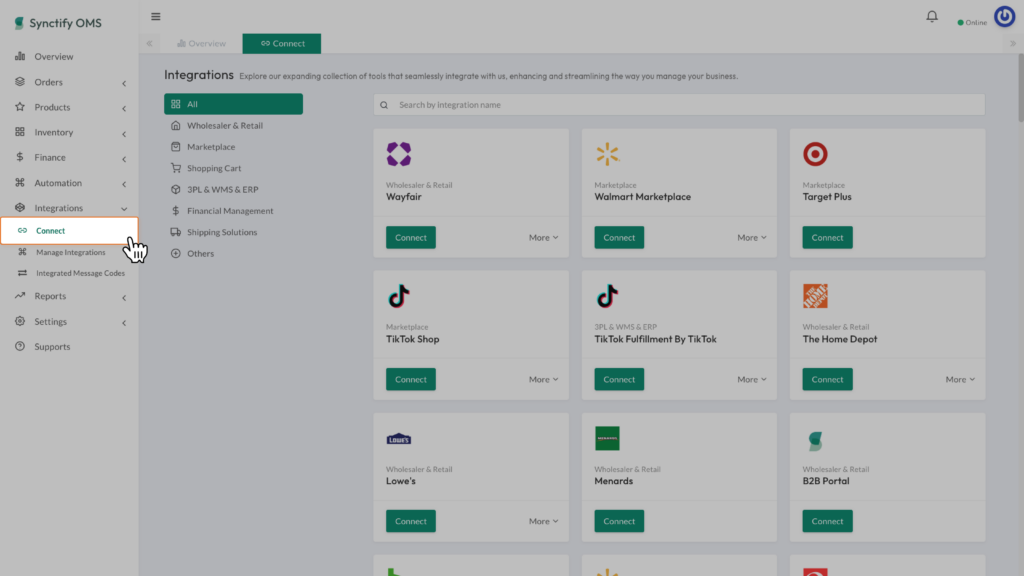 A screenshot of the Synctify OMS dashboard showing the left-hand navigation sidebar with the "Integrations" menu expanded and "Connect" selected.