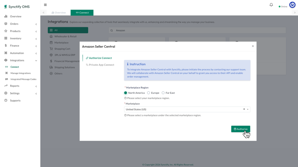 A configuration pop-up window for Amazon Seller Central within Synctify OMS, showing selected options for Marketplace Region and Marketplace, with a cursor clicking the green "Authorize" button.