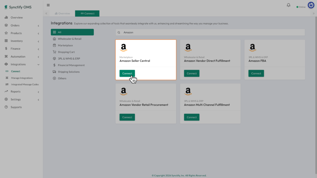A screenshot highlighting the Amazon Seller Central integration card in Synctify OMS, showing a mouse cursor clicking the green "Connect" button.