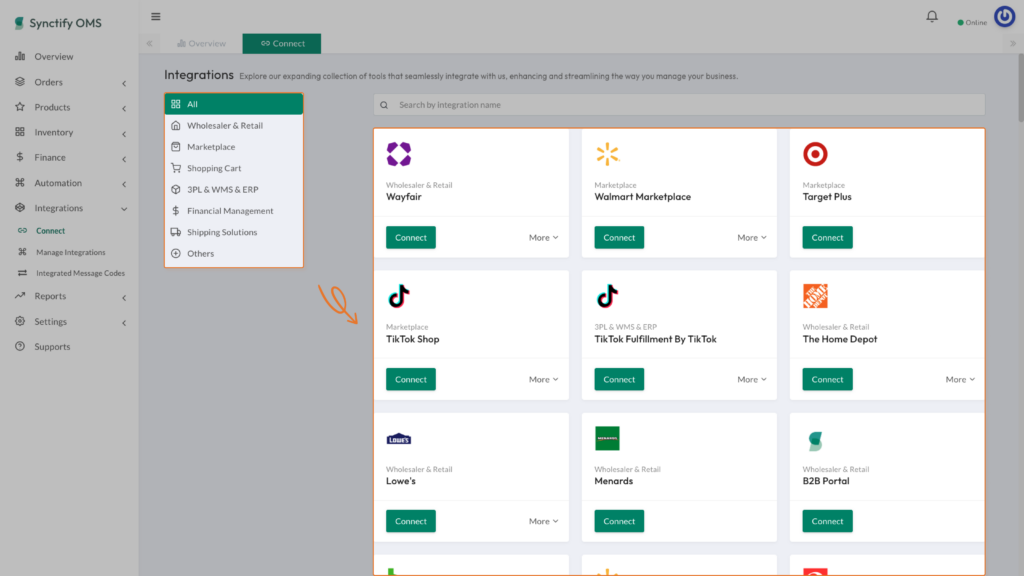 A screenshot of the Synctify OMS Integrations page highlighting the category filter panel on the left and pointing to the grid of available platform integration cards on the right.