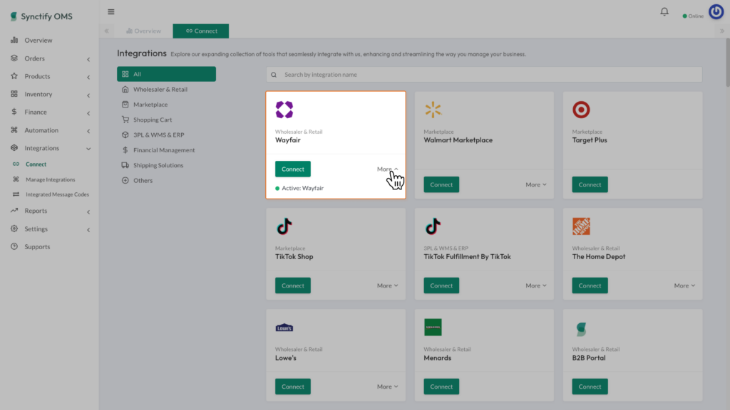 A screenshot of the Synctify OMS dashboard on the "Integrations > Connect" page. A mouse cursor clicks the "More" dropdown text on the Wayfair integration card, expanding it to reveal a green indicator and the text "Active: Wayfair". Other available integration cards, such as Walmart Marketplace, Target Plus, and TikTok Shop, are visible in the background grid.