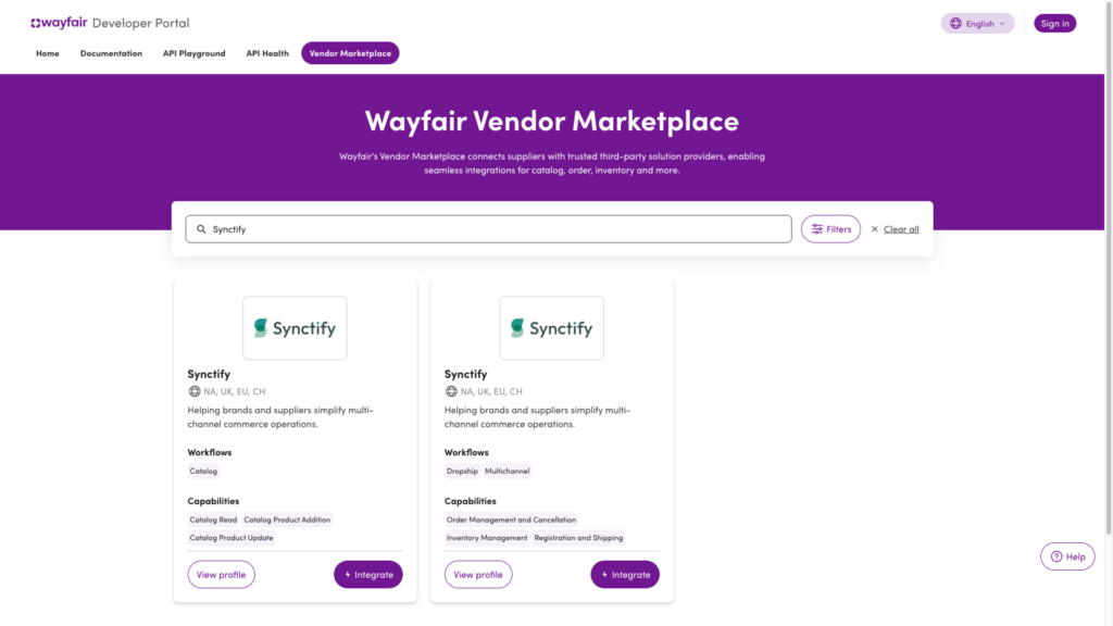 Wayfair Vendor Marketplace search results showing Synctify integration cards