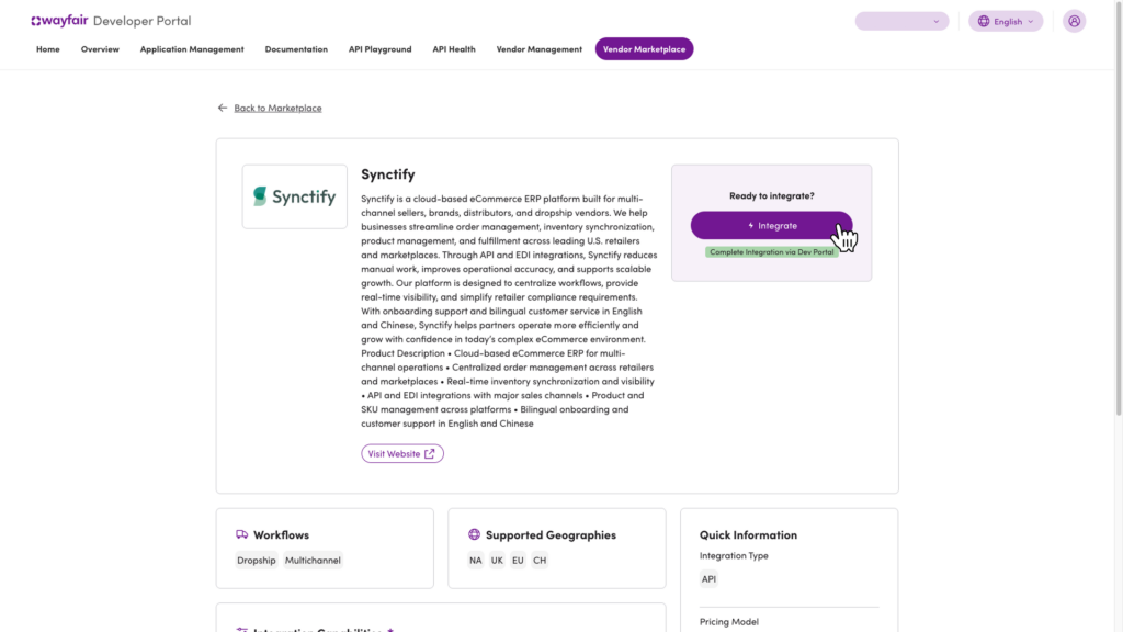 Synctify profile page in Wayfair Vendor Marketplace with Integrate button