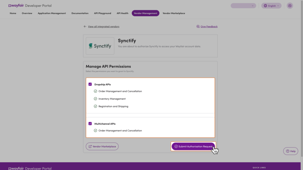 Wayfair Manage API Permissions page with Dropship and Multichannel API permissions selected
