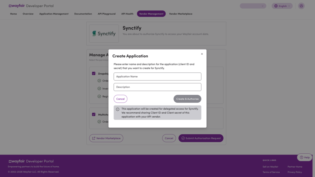 Wayfair Create Application window with Application Name and Description fields