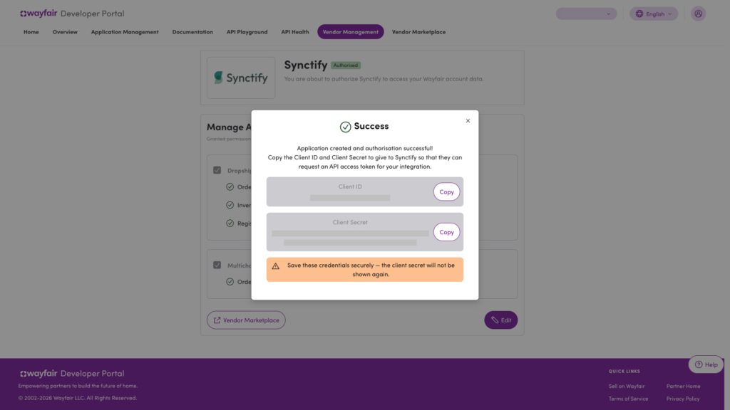 Wayfair success window showing Client ID and Client Secret after authorization