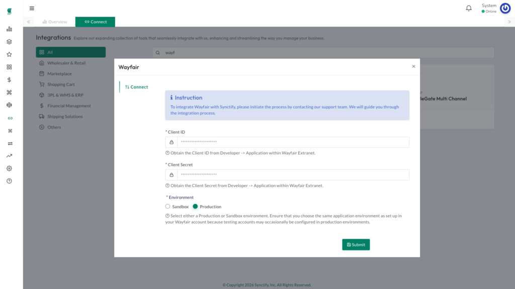 Synctify OMS Wayfair connection form with Client ID, Client Secret, and Environment fields