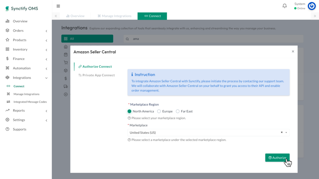 Cursor clicking the green "Authorize" button located at the bottom right corner of the Amazon Seller Central authorization modal.