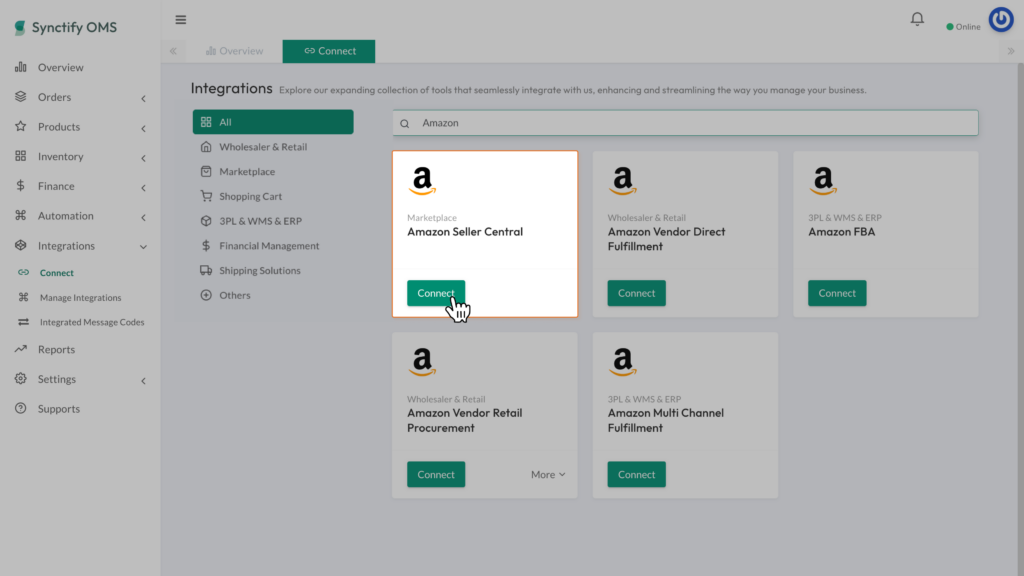 Cursor clicking the green "Connect" button on the Amazon Seller Central integration card within the Synctify OMS interface.