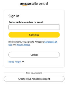 The Amazon Seller Central sign-in page, displaying an input field for a mobile number or email and a yellow "Continue" button to log in and complete the integration.