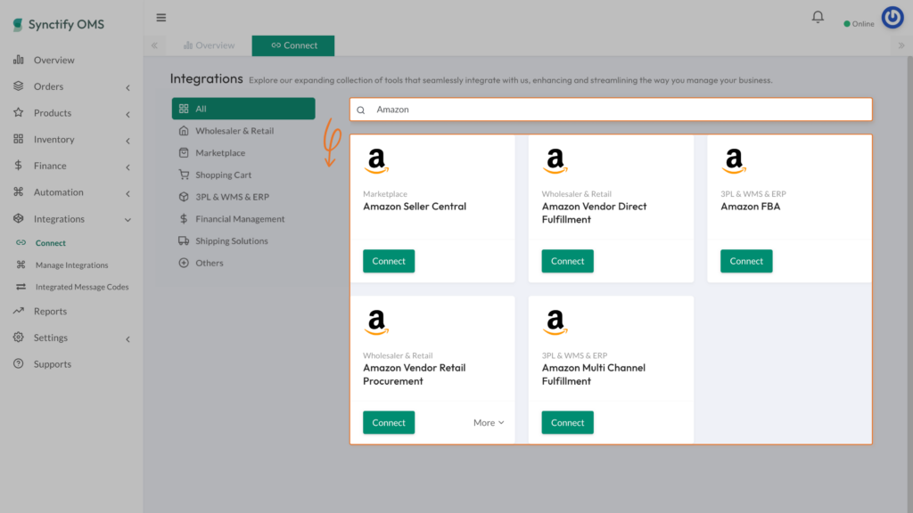 Synctify OMS integrations page displaying search results for Amazon, featuring integration cards for Amazon Seller Central, Vendor Direct Fulfillment, FBA, and Vendor Retail Procurement.