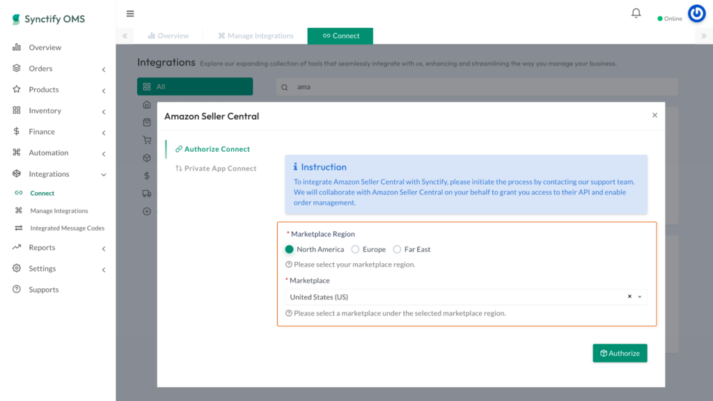 Amazon Seller Central authorization modal in Synctify OMS, highlighting the radio buttons for selecting the Marketplace Region and the dropdown menu for the specific Marketplace.