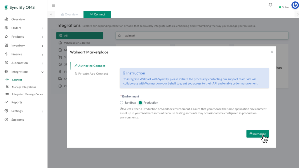 Authorization pop-up modal in Synctify OMS for Walmart Marketplace, displaying environment selection options and a green "Authorize" button at the bottom right.