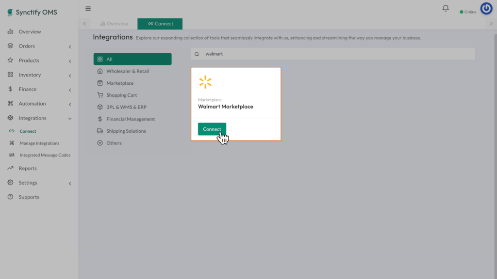 Cursor clicking the green "Connect" button on the Walmart Marketplace integration card within the Synctify OMS platform.