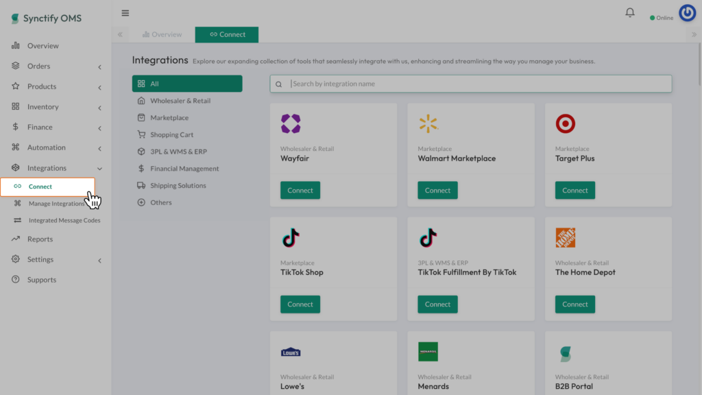 Synctify OMS dashboard highlighting the "Connect" option under the "Integrations" menu on the left sidebar.