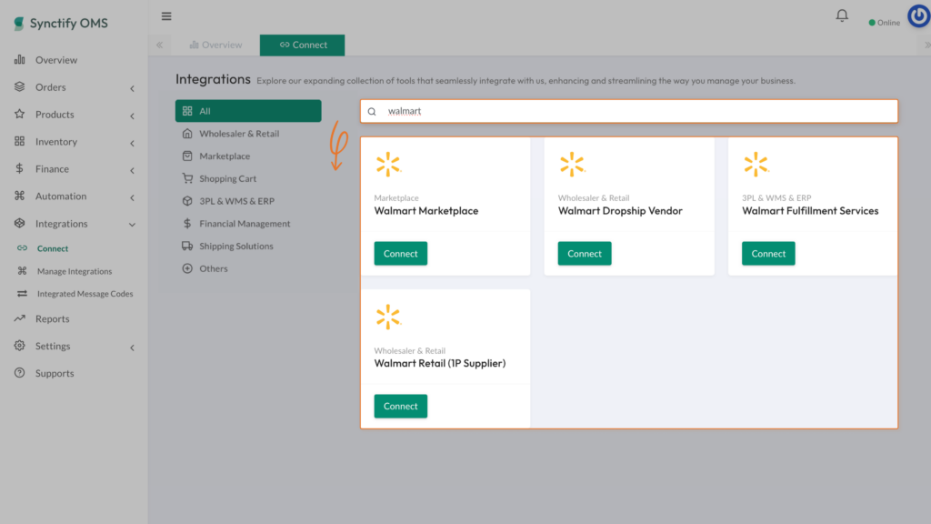 Synctify OMS integrations page showing search results for "walmart", displaying various integration cards such as Walmart Marketplace, Walmart Dropship Vendor, and Walmart Fulfillment Services.