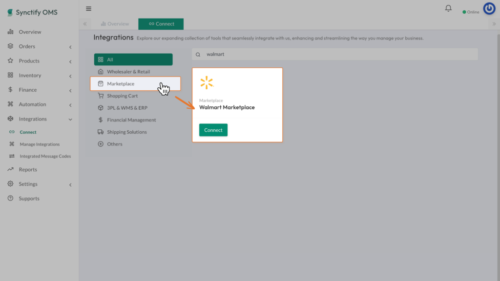Synctify OMS interface demonstrating the selection of the "Marketplace" filter on the left menu, pointing to the Walmart Marketplace integration card.