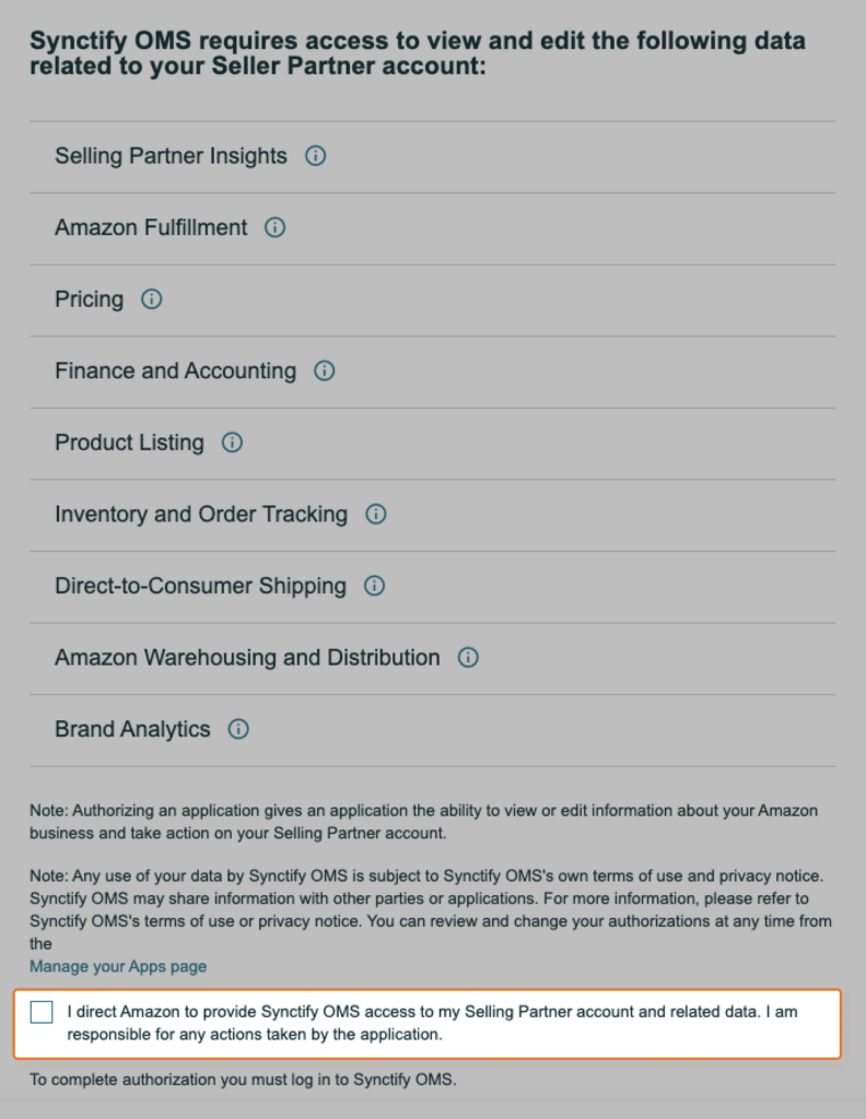 Amazon Seller Central authorization page with consent permissions