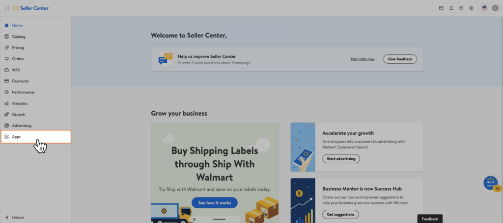 Walmart Seller Center dashboard highlighting Apps in left navigation