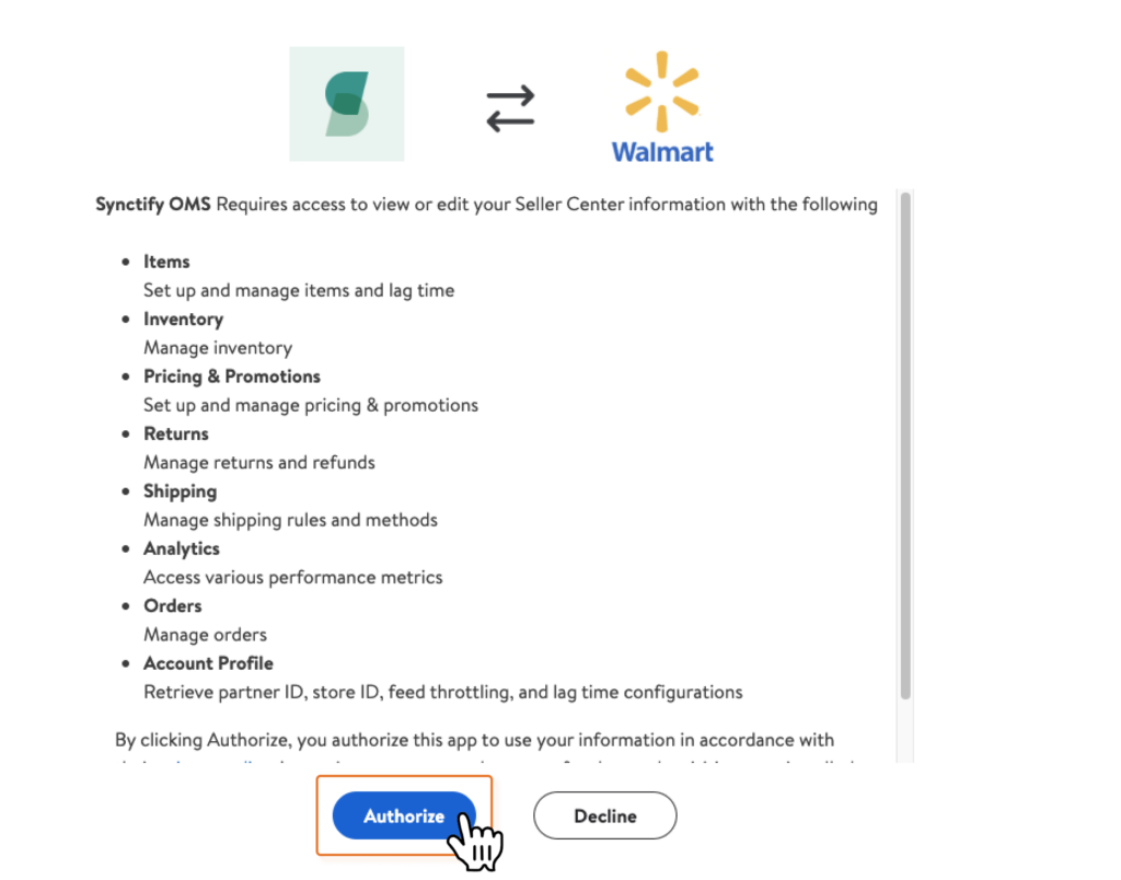 Walmart Appstore authorization screen with Authorize button highlighted