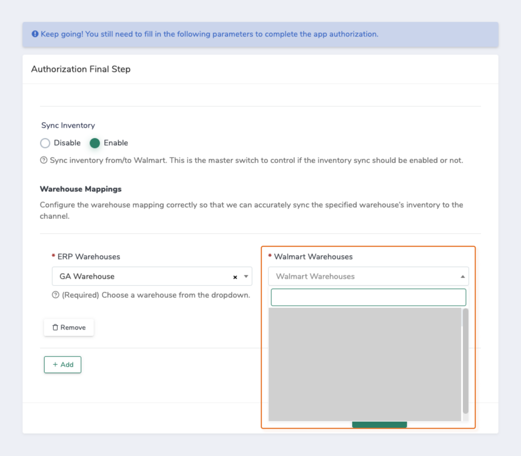 Dropdown menu for fulfillment location mapping in Walmart integration setup
