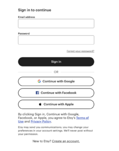 Etsy login page with fields for email and password