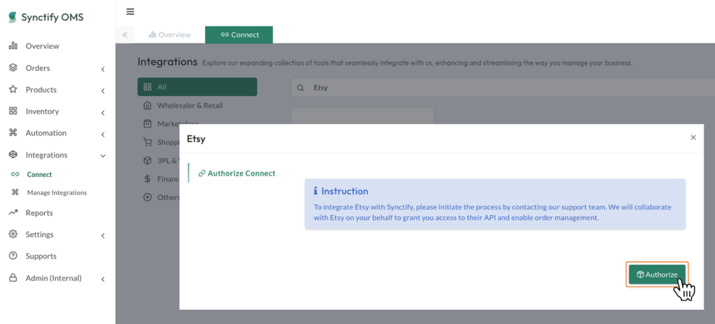 Etsy authorization prompt shown in Synctify OMS before redirect