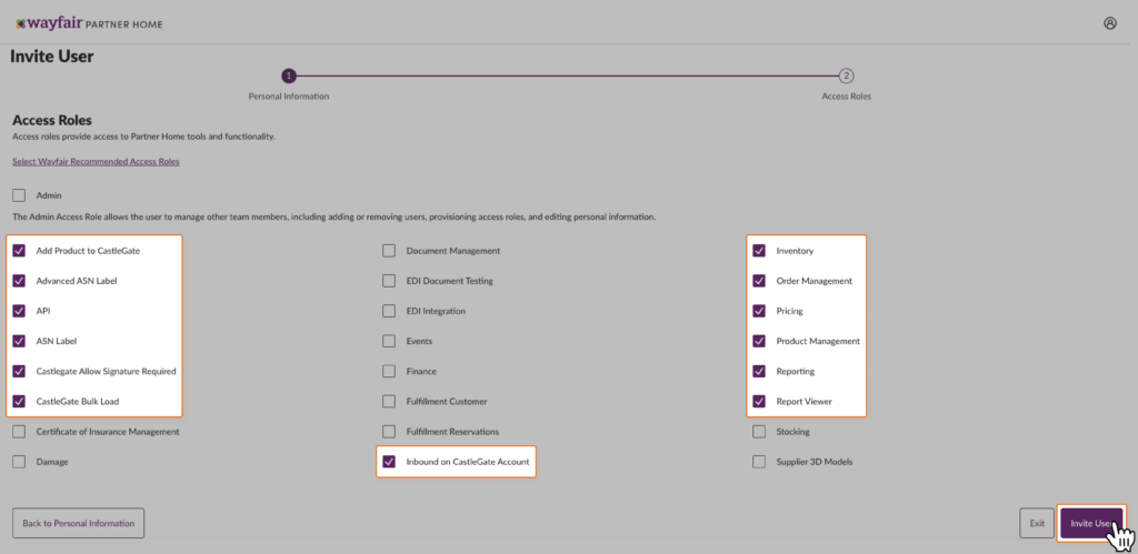 Wayfair User Management role assignment page with multiple permissions checked