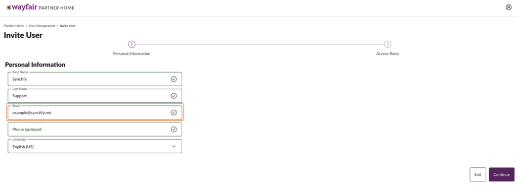 User information form filled with Synctify Support details