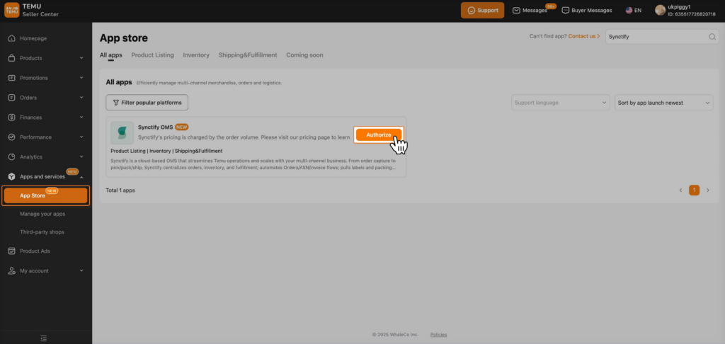 Temu Seller Center App Store page showing Synctify OMS with Authorize button