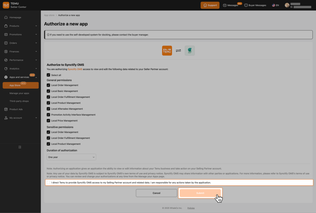 Temu Seller Center authorization page showing selectable permissions for Synctify OMS