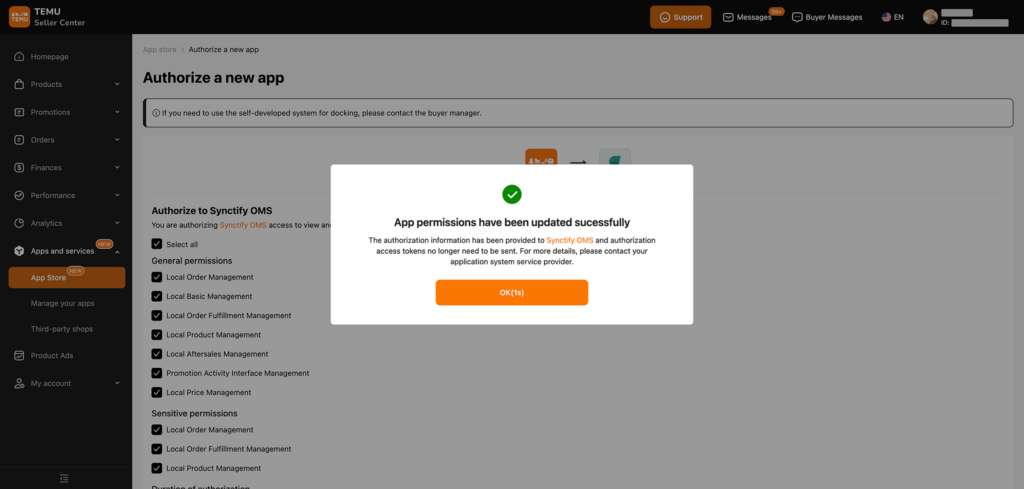After submitting, you will see a confirmation message that permissions have been successfully updated.