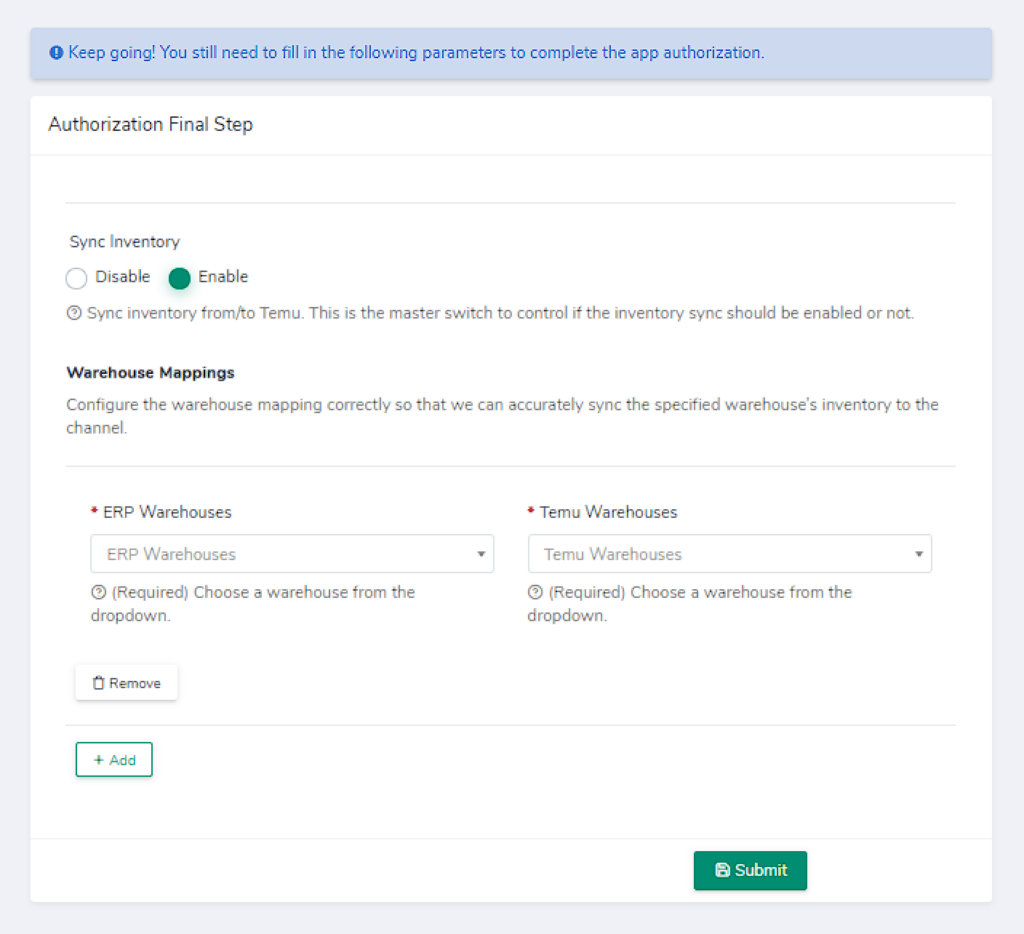 Synctify OMS dashboard setup screen after Temu authorization