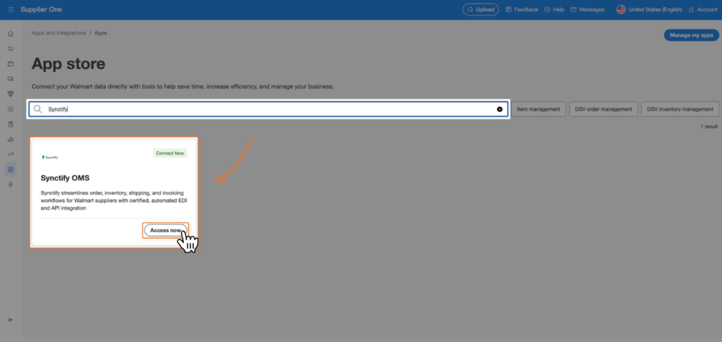 A screenshot of the Walmart Supplier One App Store search interface where "Synctify" is searched, showing the Synctify OMS app card with a cursor clicking on the "Access now" button.