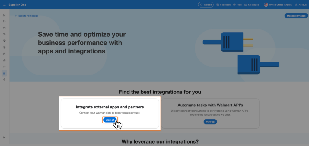 A screenshot of the Walmart Supplier One dashboard showing the "Apps and integrations" page with a cursor hovering over the "View all" button under the "Integrate external apps and partners" section.