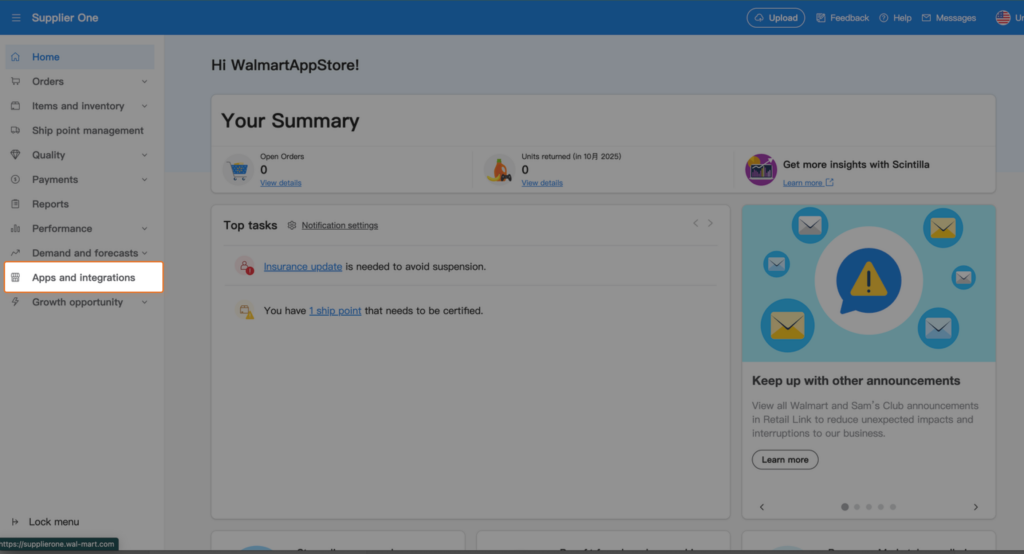 A screenshot of the Walmart Supplier One dashboard home page, highlighting the "Apps and integrations" menu option in the left-hand navigation sidebar with an orange box.