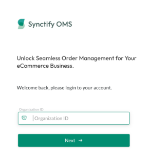 A screenshot of the Synctify OMS login page asking for an Organization ID to sign in and proceed with the Walmart Supplier One integration.