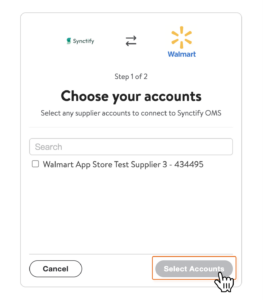A screenshot of the Walmart Retail Link authorization page, Step 1 of 2, showing the "Choose your accounts" screen to select supplier accounts for connecting to Synctify OMS.