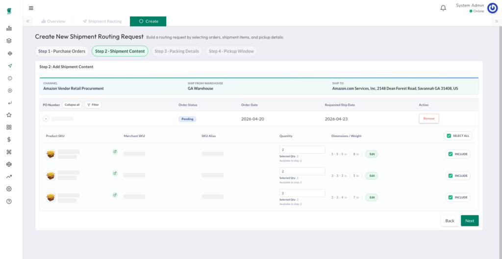 Step 2 screen showing a large table of SKUs with quantity inputs