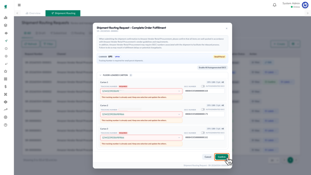 Confirm modal showing tracking number assignment to shipment units and SSCC configuration