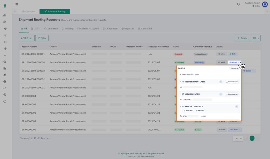 Labels dropdown with options to download shipment and SSCC labels