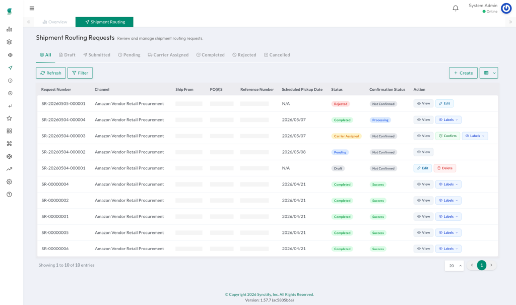 Shipment Routing Requests list showing multiple statuses including Completed and Draft