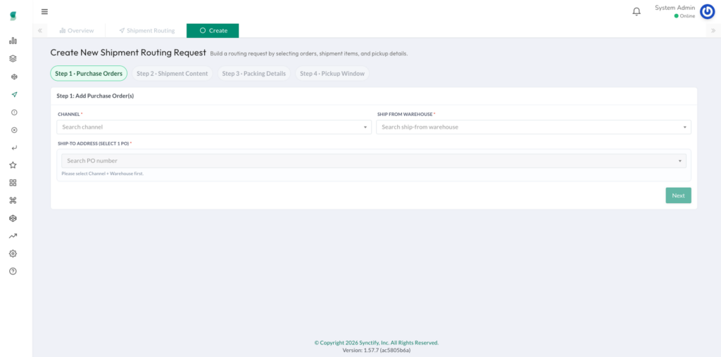 Step 1 screen showing purchase order selection and ship-to address