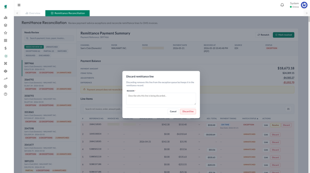 Discard remittance line modal with a required reason field and a Discard line button.