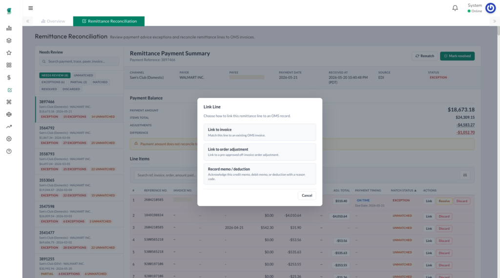 Link Line modal showing options to link a remittance line to an invoice, an order adjustment, or a memo or deduction.