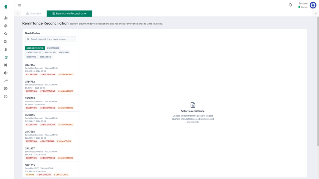 Remittance Advice queue showing search, status filters, and an empty detail panel before a remittance is selected.