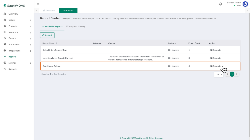 Reports page showing the Remittance Advice report in the Available Reports list with a Generate action.