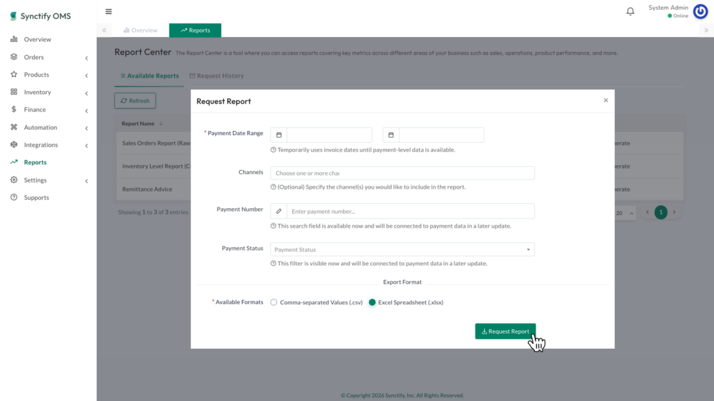 Request Report window showing filters and export format options for generating a Remittance Advice report.