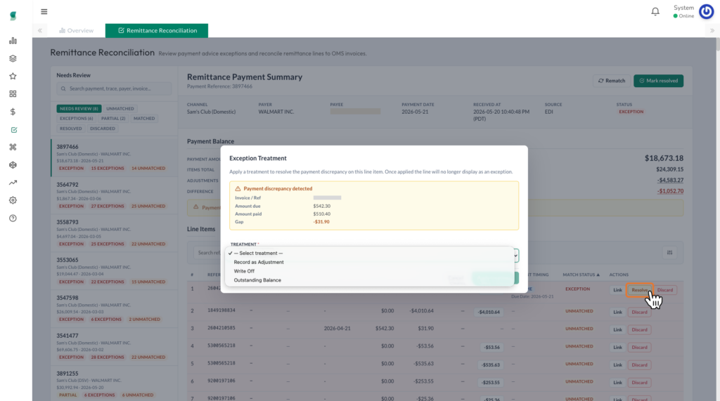 Exception Treatment modal showing payment discrepancy details and treatment options for resolving a remittance line item.