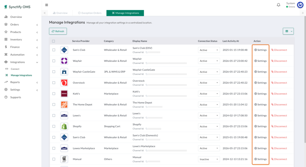 The Manage Integrations page in Synctify OMS with the Settings action highlighted for connected channels.